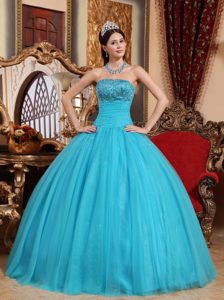 Blue Ball Gown Beaded Ruches Tulle Quinceanera Dresses in Bath