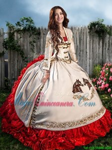 White And Red Lace Up Sweetheart Beading and Embroidery and Ruffles Ball Gown Prom Dress Organza and Taffeta Sleeveless Brush Train