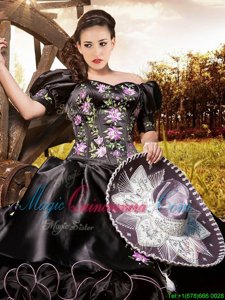 Cheap Off the Shoulder Black Short Sleeves Embroidery and Ruffles Floor Length Quinceanera Dress