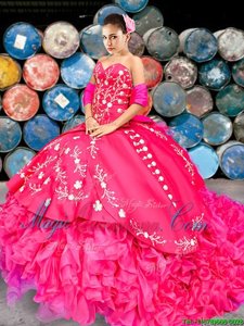 Wonderful Sleeveless Organza and Taffeta With Brush Train Lace Up Sweet 16 Dress in Hot Pink for with Beading and Embroidery and Ruffles