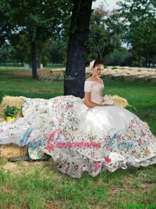 Dynamic Off the Shoulder Short Sleeves Taffeta Floor Length Lace Up Quinceanera Gowns in White for with Beading and Embroidery and Ruffled Layers