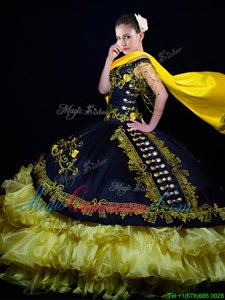 Custom Fit Off the Shoulder Ruffled Floor Length Ball Gowns Sleeveless Black and Yellow Sweet 16 Dress Lace Up