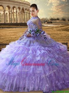 Beauteous Beading and Embroidery and Ruffled Layers Sweet 16 Quinceanera Dress Lavender Lace Up Long Sleeves Floor Length