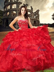 Organza Sweetheart Sleeveless Lace Up Beading and Ruffles Sweet 16 Quinceanera Dress in Red