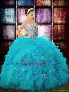 Off the Shoulder Aqua Blue Zipper Ball Gown Prom Dress Beading and Ruffles and Sequins Sleeveless Floor Length