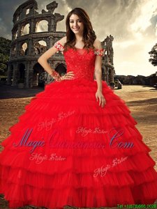 Hot Selling Red Ball Gowns Off The Shoulder Sleeveless Tulle With Train Chapel Train Lace Up Beading and Ruffled Layers Sweet 16 Dresses