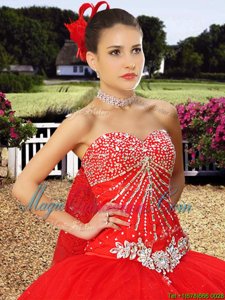 Custom Design Red Tulle Lace Up 15th Birthday Dress Sleeveless With Train Watteau Train Beading and Lace