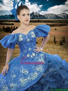 Flare Off the Shoulder Blue Ball Gowns Appliques and Ruffles Sweet 16 Dresses Lace Up Organza Short Sleeves Floor Length