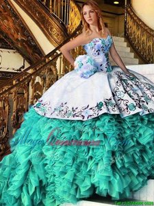 White and Turquoise Ball Gowns Organza Sweetheart Sleeveless Appliques and Embroidery Floor Length Lace Up 15th Birthday Dress