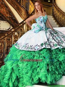 Best Selling Sleeveless Organza Floor Length Lace Up Quince Ball Gowns in for with Appliques and Embroidery and Ruffles