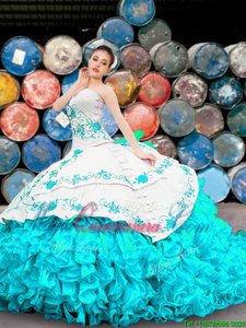 Blue And White Sleeveless Appliques and Embroidery and Ruffles Floor Length Sweet 16 Dress