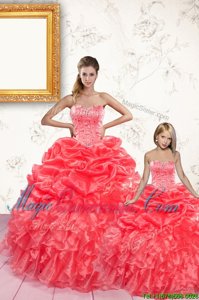 Chic Beading and Ruffles and Pick Ups Quinceanera Gown Coral Red Lace Up Sleeveless Floor Length