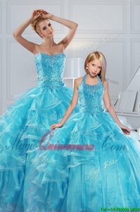 Most Popular Aqua Blue Sweetheart Neckline Beading and Ruffled Layers Ball Gown Prom Dress Sleeveless Lace Up