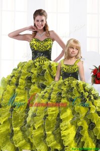 Cute Yellow Green Organza Lace Up Sweetheart Sleeveless Floor Length Quinceanera Gowns Beading and Appliques and Ruffles