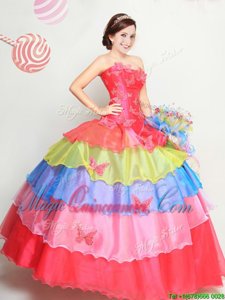 Multi-color Ball Gowns Organza Strapless Sleeveless Appliques and Ruffled Layers Floor Length Lace Up Quinceanera Dresses