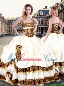 Champagne Quinceanera Dresses Military Ball and Sweet 16 and Quinceanera and For with Pick Ups and Hand Made Flower Strapless Sleeveless Lace Up