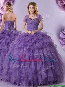 Sweetheart Sleeveless Lace Up Quince Ball Gowns Purple Organza