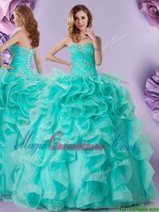 Sweetheart Sleeveless Lace Up Quinceanera Gowns Aqua Blue Organza