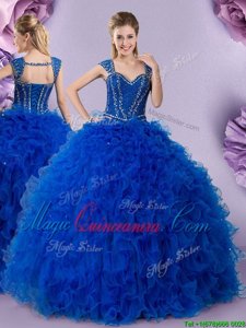 Fashionable Straps Cap Sleeves Lace Up Vestidos de Quinceanera Royal Blue Tulle