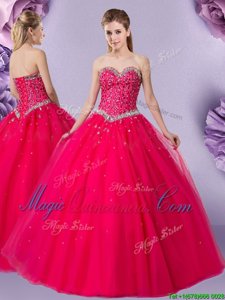 Modern Sweetheart Sleeveless Tulle Quince Ball Gowns Beading Lace Up