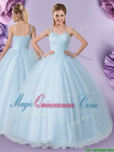 Pretty Light Blue Tulle Lace Up One Shoulder Sleeveless Floor Length Sweet 16 Dresses Appliques