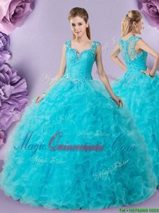 Straps Straps Baby Blue Ball Gowns Beading and Ruffles Sweet 16 Quinceanera Dress Zipper Tulle Sleeveless Floor Length