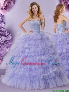 Cheap Lavender Strapless Neckline Beading and Ruffled Layers Sweet 16 Dress Sleeveless Lace Up