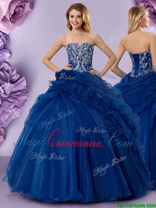 Hot Selling Royal Blue Organza Lace Up Quinceanera Gown Sleeveless Floor Length Beading and Ruffles and Hand Made Flower