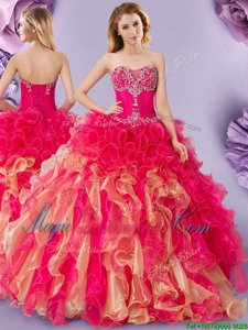 Hot Pink and Gold Sleeveless Organza Lace Up Quinceanera Dress for Military Ball and Sweet 16 and Quinceanera