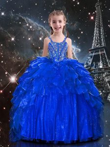 Perfect Royal Blue Ball Gowns Beading and Ruffles Pageant Dress Lace Up Organza Sleeveless Floor Length