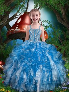 Floor Length Ball Gowns Sleeveless Blue Little Girl Pageant Gowns Lace Up