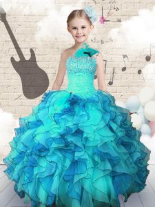 Aqua Blue Pageant Dress for Girls Party and Wedding Party and For with Beading and Ruffles One Shoulder Sleeveless Lace Up