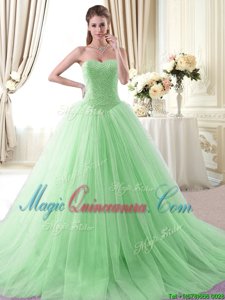 High Class Apple Green Sleeveless Tulle Brush Train Lace Up Quinceanera Dresses for Military Ball and Sweet 16 and Quinceanera