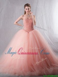 Brush Train Ball Gowns Sweet 16 Dress Peach Sweetheart Tulle Sleeveless With Train Lace Up