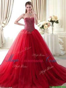 Red Sweetheart Lace Up Beading Quinceanera Gowns Brush Train Sleeveless