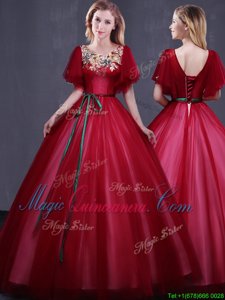 Wine Red Ball Gowns Tulle Scoop Short Sleeves Appliques and Belt Floor Length Lace Up 15 Quinceanera Dress