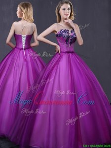 High Quality Purple Scoop Lace Up Beading and Appliques Quinceanera Dress Sleeveless