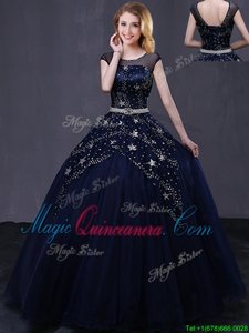 Scoop Cap Sleeves Floor Length Lace Up 15th Birthday Dress Black and In for Military Ball and Sweet 16 and Quinceanera with Beading and Belt