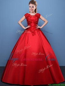 Scoop Appliques Quinceanera Gowns Red Lace Up Cap Sleeves Floor Length