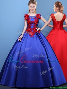 Scoop Cap Sleeves Floor Length Lace Up Quinceanera Gowns Royal Blue and In for Military Ball and Sweet 16 and Quinceanera with Appliques