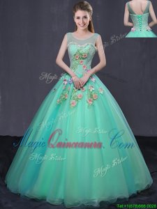 Scoop Organza Sleeveless Floor Length Quinceanera Gown and Beading and Appliques