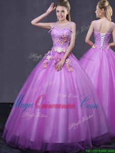 Custom Designed Scoop Sleeveless Lace Up Floor Length Beading and Appliques Quinceanera Dresses