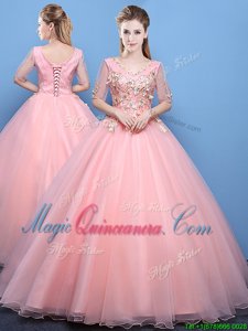 High Class Baby Pink Tulle Lace Up V-neck Half Sleeves Floor Length Vestidos de Quinceanera Appliques