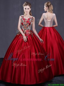 High Quality Scoop Appliques Quince Ball Gowns Wine Red Lace Up Sleeveless Floor Length