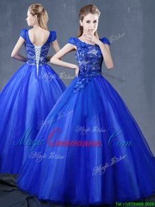 Pretty Floor Length Ball Gowns Short Sleeves Royal Blue Sweet 16 Dress Lace Up