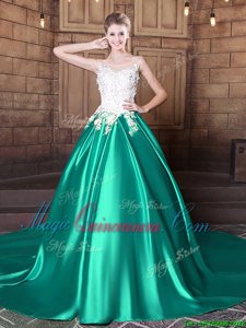 Scoop Elastic Woven Satin Sleeveless With Train Vestidos de Quinceanera Court Train and Lace and Appliques