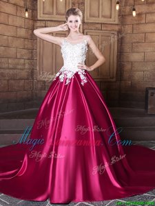 On Sale Scoop Sleeveless Court Train Lace Up Quinceanera Gown Hot Pink Elastic Woven Satin