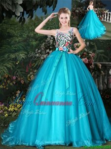 Comfortable Scoop Ball Gowns Sleeveless Teal Quinceanera Gowns Brush Train Zipper