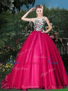 Hot Selling Hot Pink Ball Gowns Organza Scoop Sleeveless Appliques and Belt Zipper Vestidos de Quinceanera Brush Train