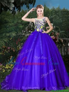 Glamorous Scoop Sleeveless Brush Train Zipper Appliques and Belt 15 Quinceanera Dress